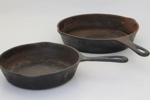 vintage cast iron frying pans, old cast iron camp cookware, large & small skillets