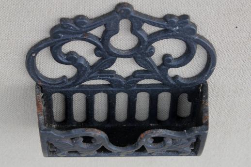 vintage cast iron match holder wall pocket, black wrought iron style metal match safe 