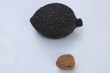 vintage cast iron nut cracker, large walnut shape covered box, hinged lid nutcracker