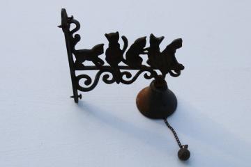 vintage cast iron wall mount doorbell, small bell w/ cats silhouette bracket