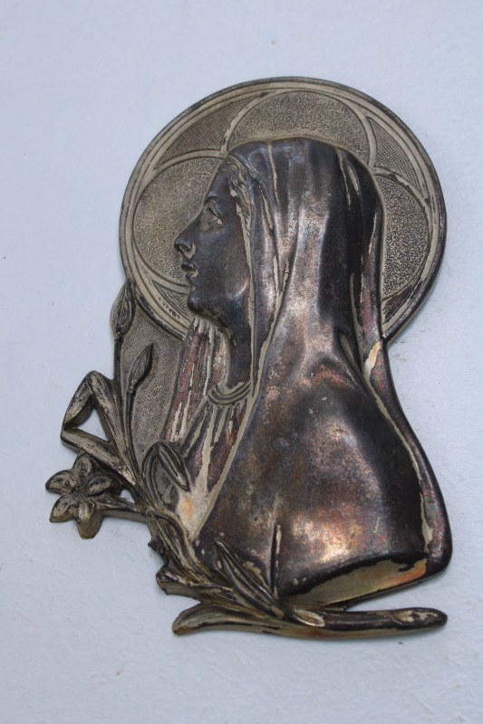 vintage cast metal Holy Mary devotional plaque or ornament, beautiful worn old silver plate