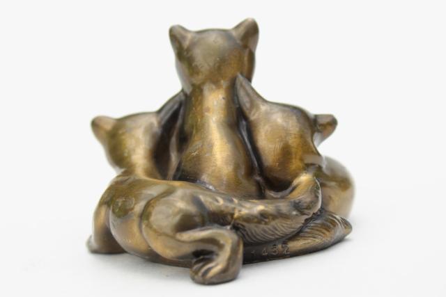 vintage cast metal 'bronze', baby foxes fox cubs kits sculpture w/ antique brass finish