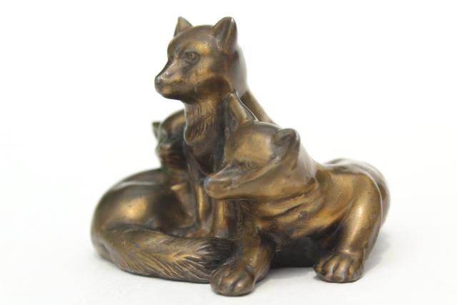 vintage cast metal 'bronze', baby foxes fox cubs kits sculpture w/ antique brass finish