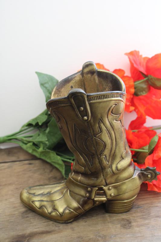vintage cast metal cowboy boot vase, art brass antique patina rustic western decor