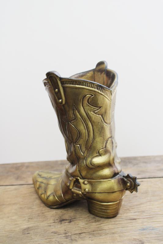 vintage cast metal cowboy boot vase, art brass antique patina rustic western decor