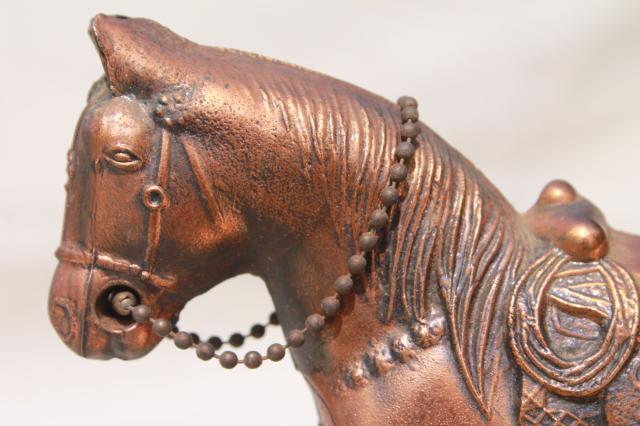 vintage cast metal horse, antique copper finish spelter statue lamp or clock figure