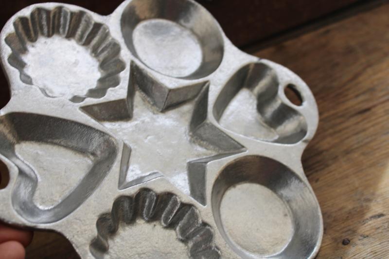 vintage cast metal mold or baking pan - star, hearts, round & fluted shapes