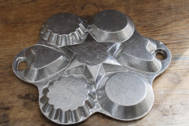 vintage cast metal mold or baking pan - star, hearts, round & fluted shapes