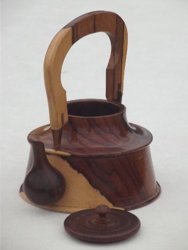 vintage cedarwood teapot, hand carved wood tea pot collectible primitive decoration