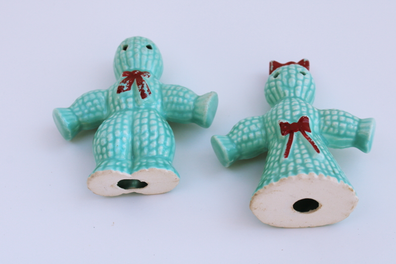 vintage ceramic S&P shakers, 1950s green woven look corn cob dollies boy  girl doll