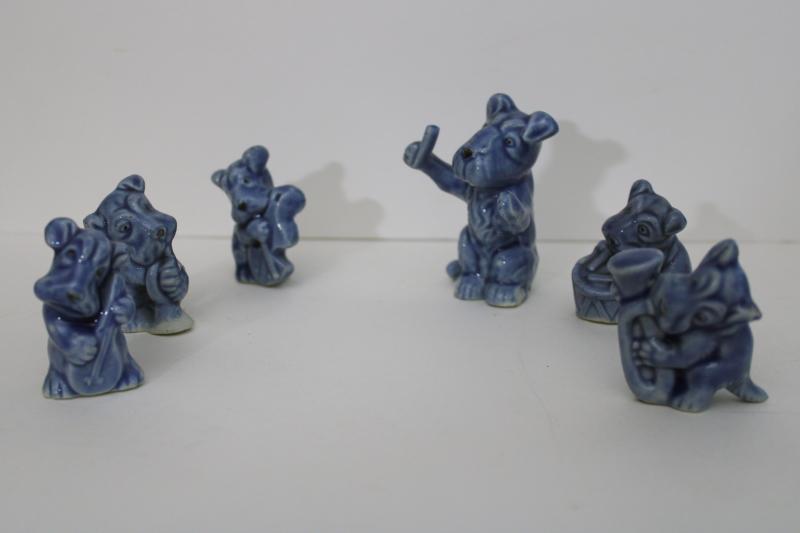 vintage ceramic Scotties, small figurines dogs jazz band, blue glaze Wade whimsy s