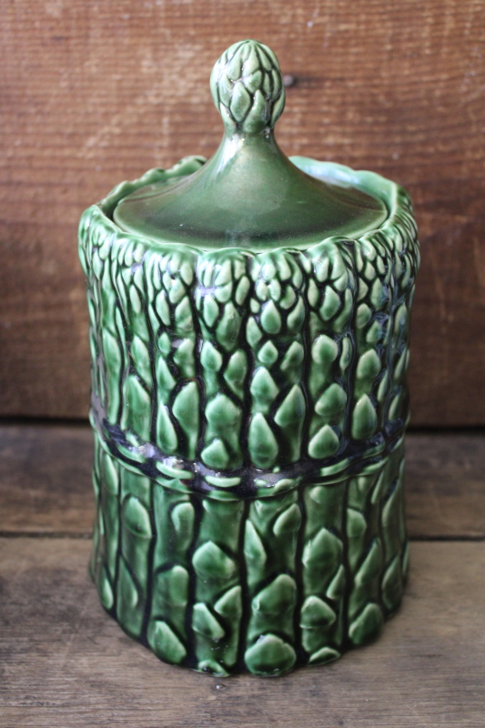 vintage ceramic canister jar, french country kitchen majolica style bunch of asparagus