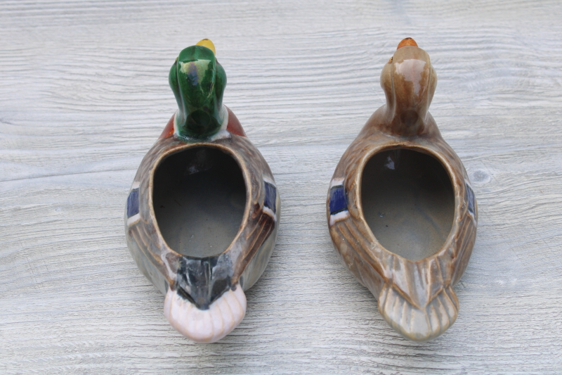 vintage ceramic ducks pair of ashtrays mallard drake and hen, mid century USA pottery, Rosemeade