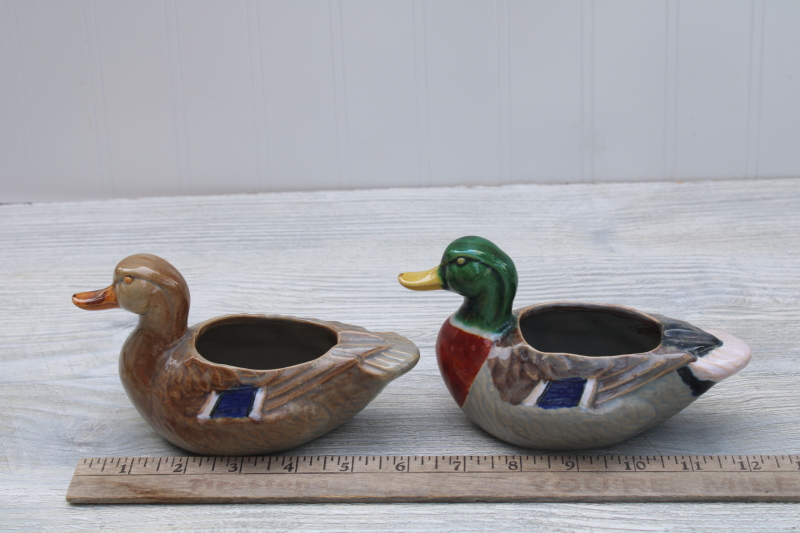 vintage ceramic ducks pair of ashtrays mallard drake and hen, mid century USA pottery, Rosemeade