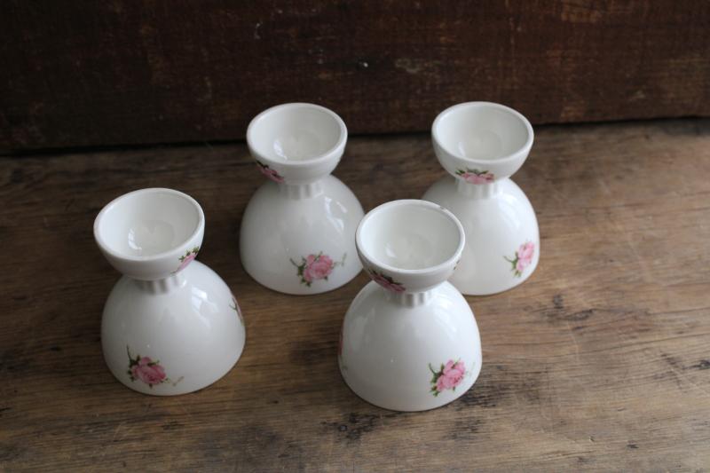 vintage ceramic egg cups, white china w/ pink roses, pretty for Easter!