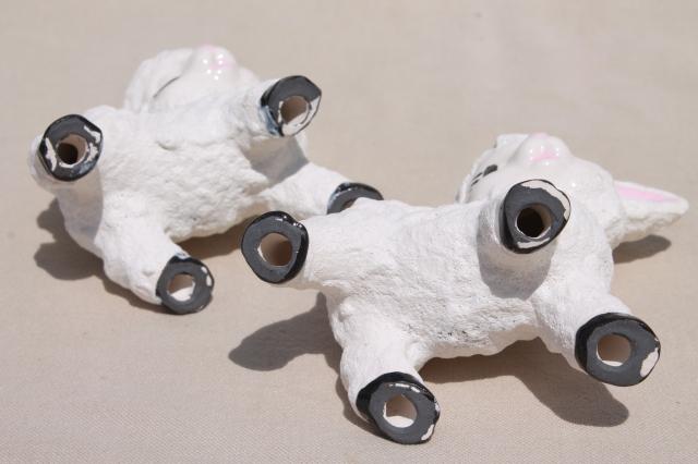 vintage ceramic lamb figurines w/ cute overload hand painted faces, wooly snow baby texture