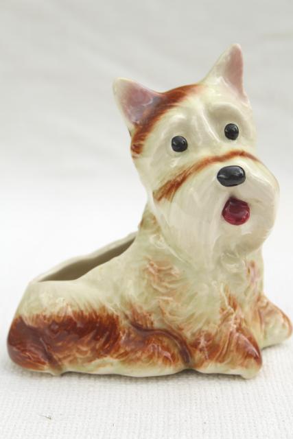 vintage ceramic planter, Scotty terrier dog, shaggy pup 1950s USA pottery