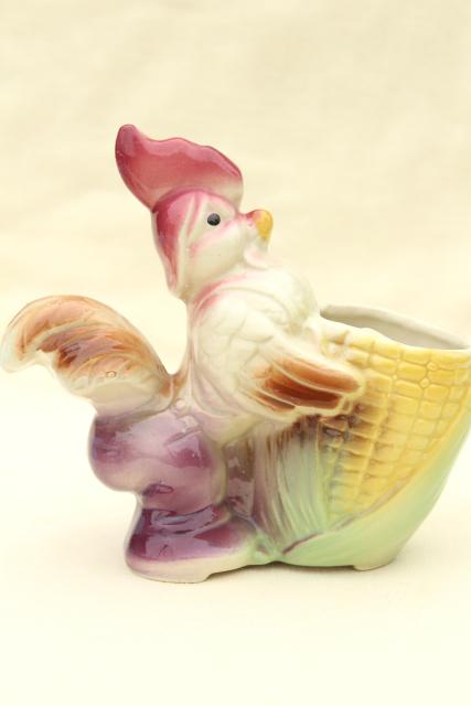 vintage ceramic planter pot, painted pottery baby rooster chick puffed up w/ pride!
