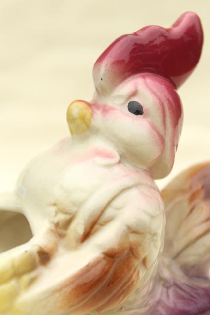 vintage ceramic planter pot, painted pottery baby rooster chick puffed up w/ pride!