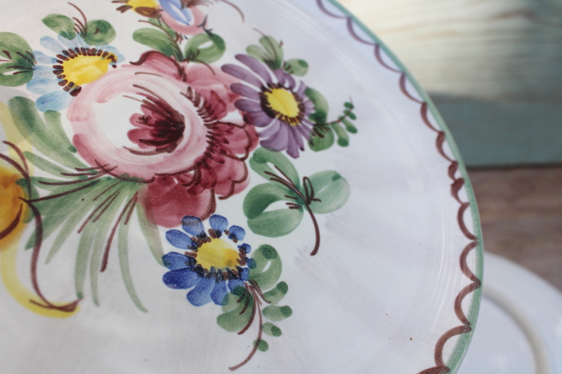 vintage ceramic plates folk art hand painted florals, Ulmer Keramik backstamp