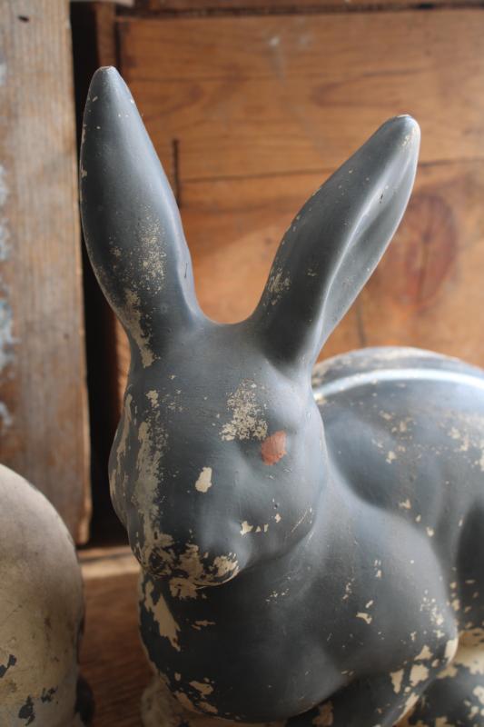 vintage ceramic rabbits, shabby style Easter decor, bunny lawn ornaments garden art