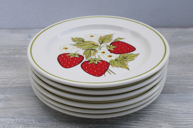 vintage ceramic salad plates set, red strawberries green band pottery