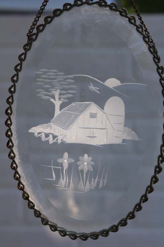 vintage chain frame hanging sun catchers, crystal clear etched glass farm barn scenes modern farmhouse country