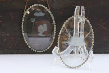 vintage chain frame hanging sun catchers, crystal clear etched glass farm barn scenes modern farmhouse country