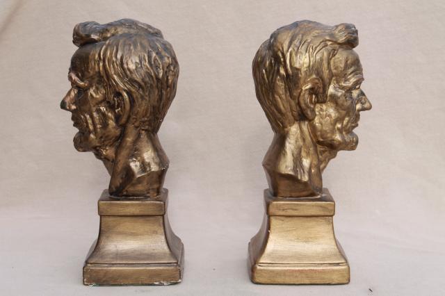 vintage chalkware bookends, bust of Abraham Lincoln plaster statuary figures