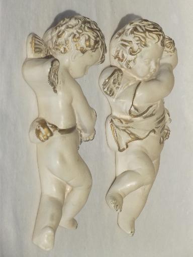 vintage chalkware cherubs pair, antique gold & white sculpture wall art