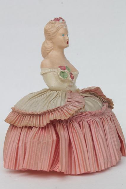vintage chalkware lady half doll pincushion w/ taffeta pin cushion skirt, antique boudoir doll 