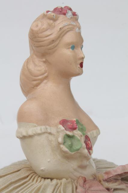 vintage chalkware lady half doll pincushion w/ taffeta pin cushion skirt, antique boudoir doll 