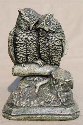 vintage chalkware owls, rustic grey 'stone' gothic cemetery crypt Halloween statue