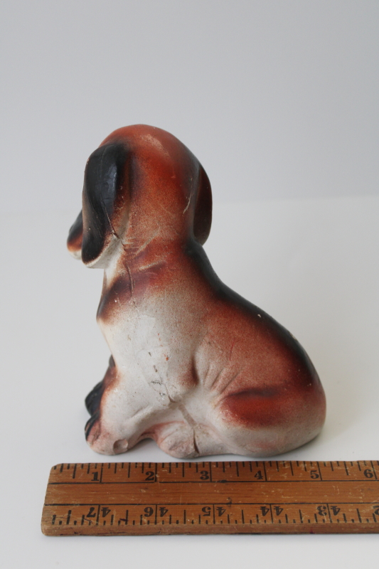 vintage chalkware sad hound dog, droopy ears beagle w/ bandage