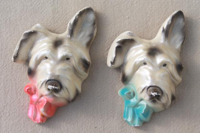 vintage chalkware terriers, pair of terrier dog wall plaques w/ pink & blue bows