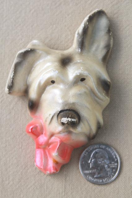 vintage chalkware terriers, pair of terrier dog wall plaques w/ pink & blue bows