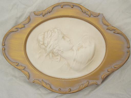 vintage chalkware wall art plaques, cameos of young ladies framed in antique gold