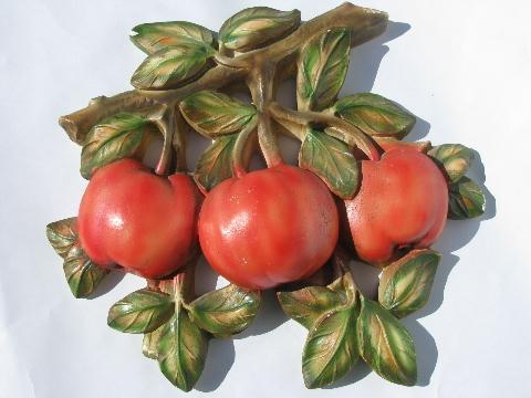 vintage chalkware wall plaque, painted red apples for the kitchen