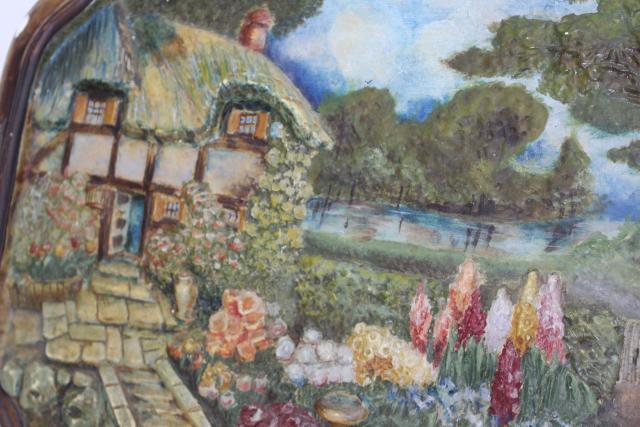vintage chalkware wall plaque picture, English country cottage thatched Tudor garden flowers