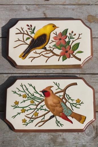vintage chalkware wall plaques - wood grain kitchen boards & bright fruit, 'carved' birds