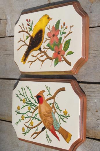 vintage chalkware wall plaques - wood grain kitchen boards & bright fruit, 'carved' birds