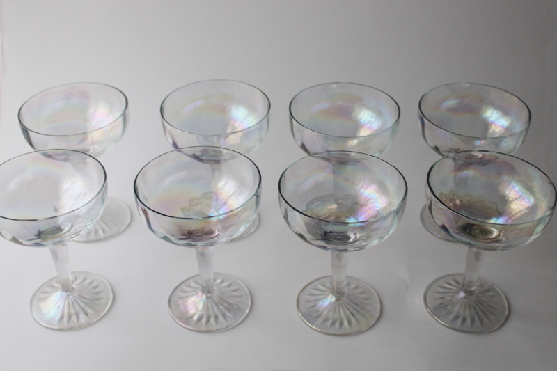 vintage champagne / cocktail glasses set of 8, iridescent luster glass stemware