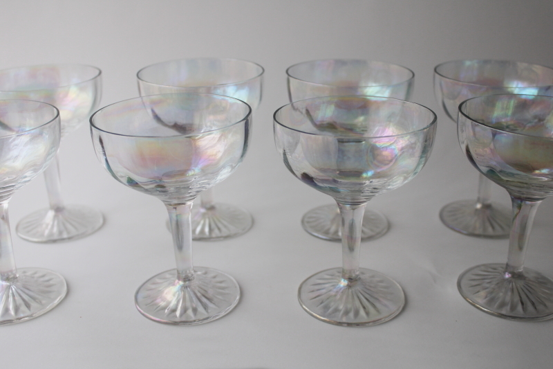 vintage champagne / cocktail glasses set of 8, iridescent luster glass stemware