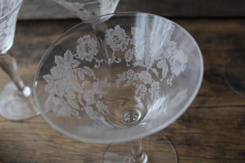 vintage champagne glasses, etched rose elegant glass Morgantown Picardy Richelieu