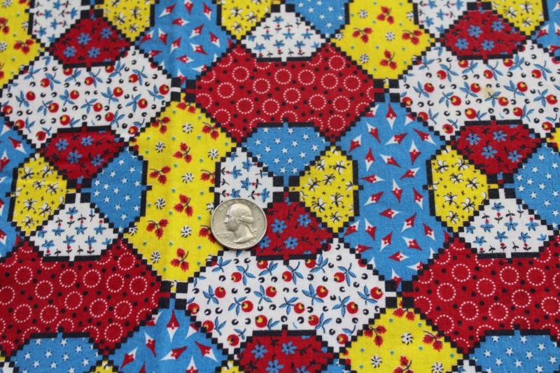 vintage cheater quilt patchwork cotton fabric, bright calico button quilt blocks print