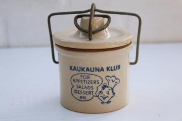 vintage cheese crock, Kaukauna Klub Wisconsin cheese spread stoneware jar w/ wire bail lid