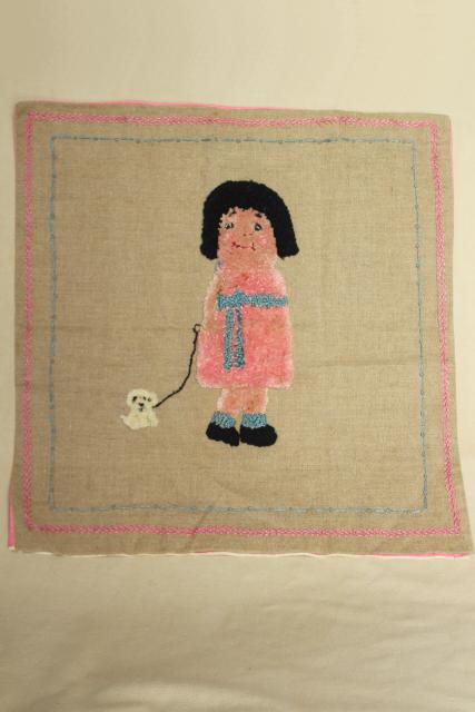 Vintage Chenille Embroidery Pillow Cover Little Girl Puppy Dog