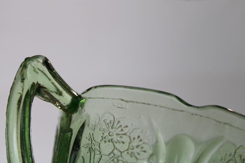 vintage cherry blossom pattern green depression glass, cream pitcher & sugar bowl set