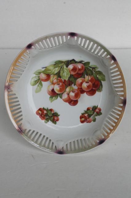 vintage cherry bunch fruit bowls, antique Bavaria porcelain open border ribbon china 