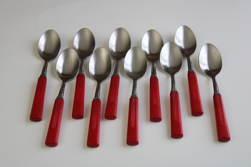 vintage cherry red bakelite handle spoons, set of 10 matching teaspoons mid century modern flatware
